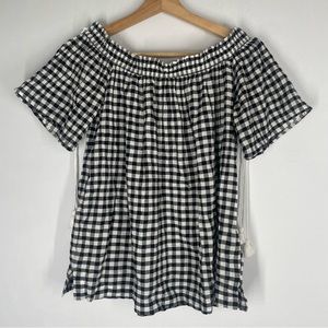 Loft Womens Top S gingham check short sleeves off shoulder gauze crinkle cotton